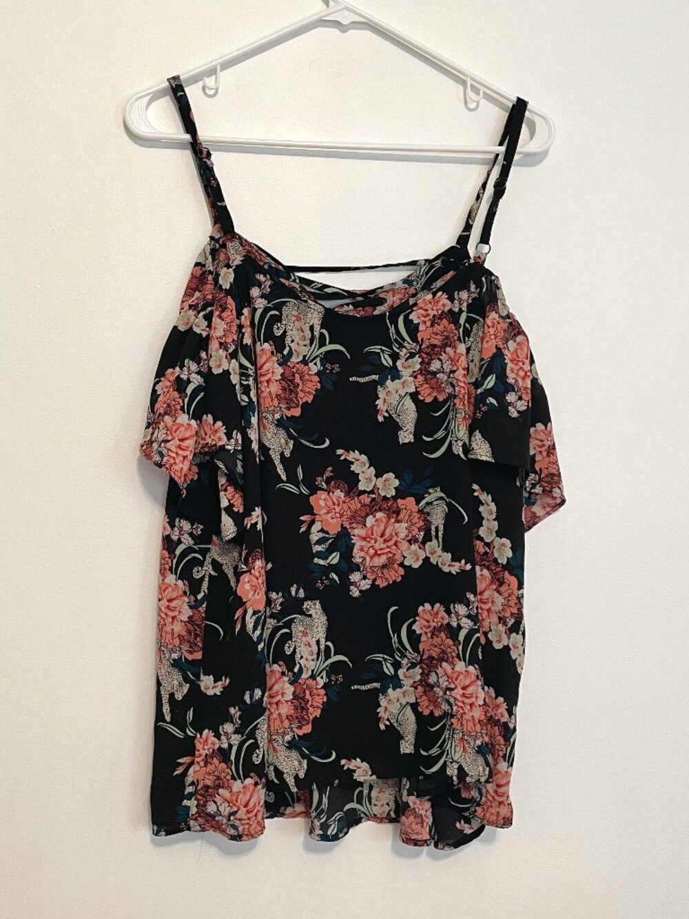 TORRID 1 Plus Georgette Lace Up Cold Shoulder Blouse Black Floral Leopard Boho - Picture 14 of 16